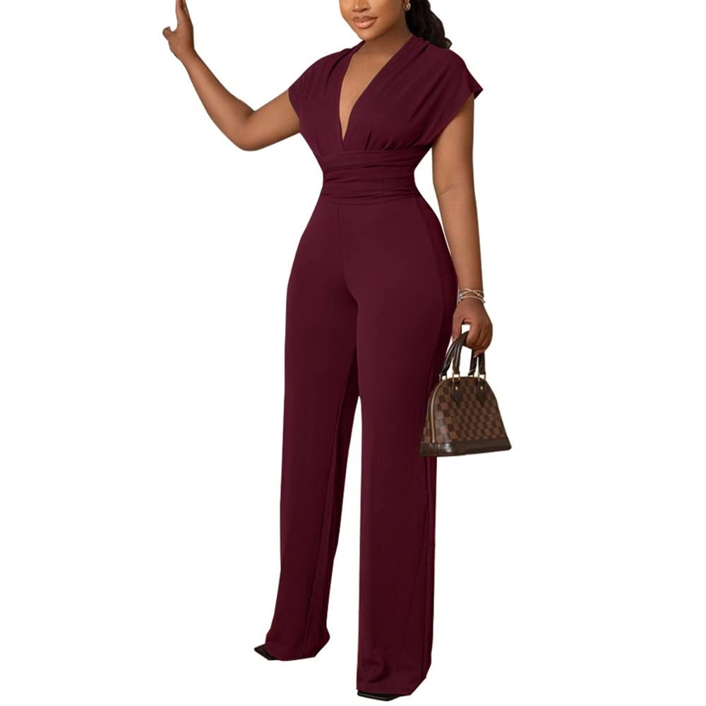 GHAKKEWomen's Chic Deep V Neck Jumpsuit Solid Color Sleeveless High Waist Rompers Elegant Long Pants Overalls Cocktail Party