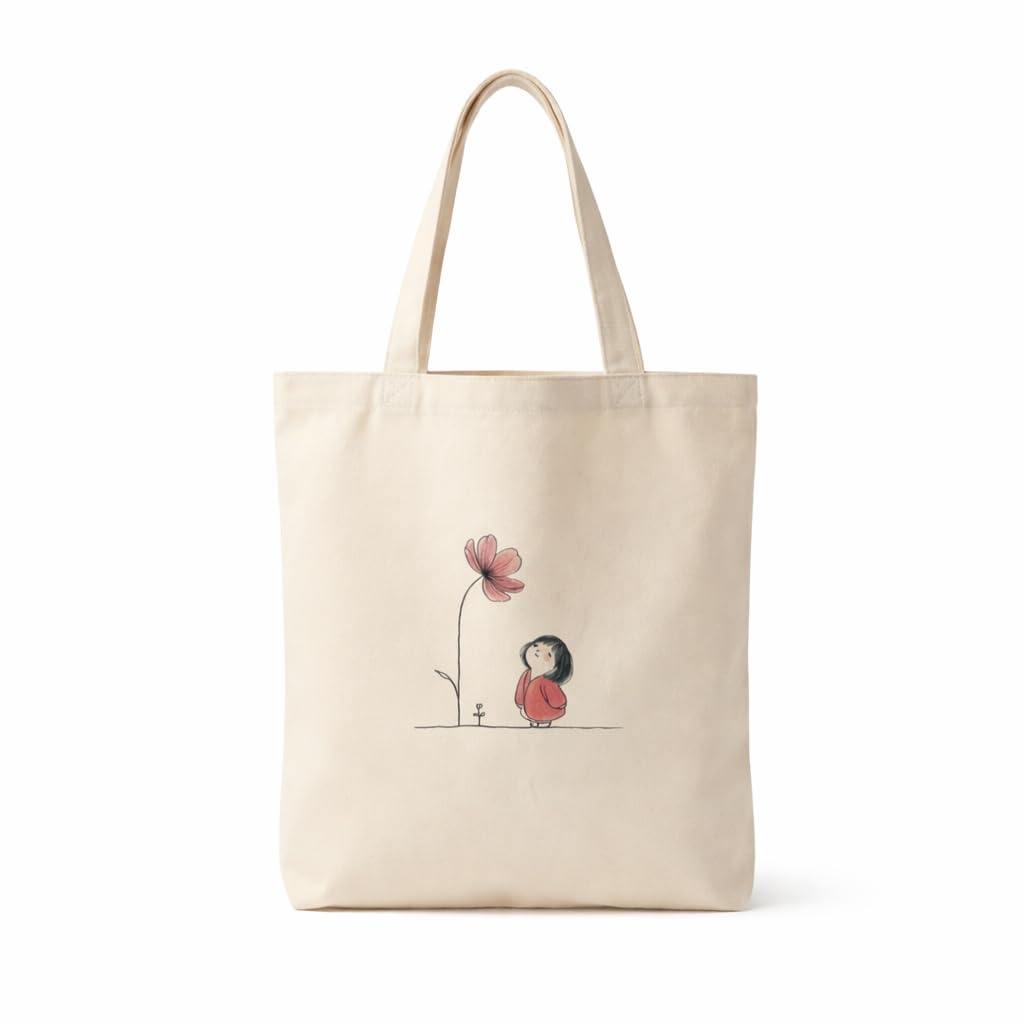 Minimalist Girl & Flower Printed Canvas Tote Bag for Women | 16x14 Inch Cotton Shoulder Bag | Aesthetic Reusable Handbag for College, Office & Shopping-image-5