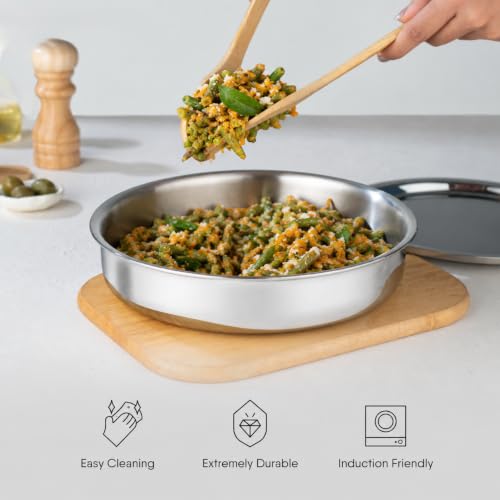 Image of Triply Stainless Steel Langdi Tope - 22 cm / 2.2 litres | Multipurpose Stainless Steel Extra Shallow Tope | Induction Friendly for Every Day Use