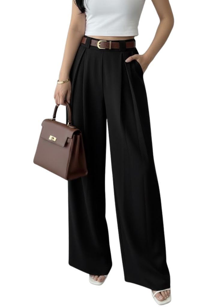 Women’s Korean Style Loose Fit Wide Leg Trousers | Cotton Blend Pleated Palazzo Pants with Elastic Back Waist | High Waist Office & Casual Wear | Stretchable & Breathable