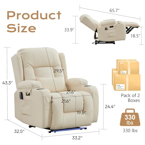 Image of URRED Recliner Chair with Massage and Heat, Power Reclining Sofa Chair Home Theater Seating with LED Ambient Light, USB Ports, Cup Holders, Side Pockets, Faux Leather (Beige, Set of 1)