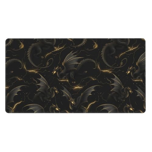 Grand tapis de souris de jeu dragon noir et doré 40x90cm avec bords cousus