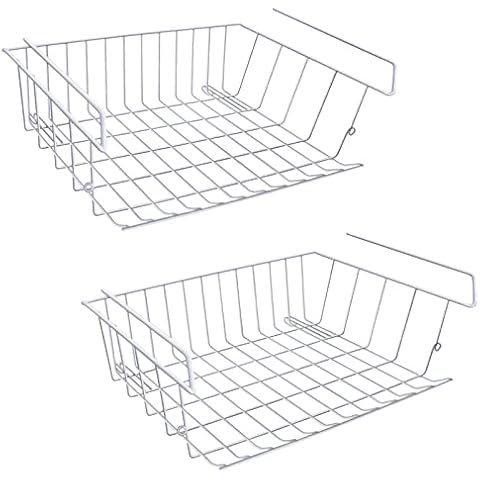 Under Shelf Storage Basket, m zimoon Under Cabinet Hanging Metal Wire Storage Wire Basket Organizer Fit Dual Hooks for Kitchen Pantry Desk Bookshelf Cupboard (2pcs, White) Cover