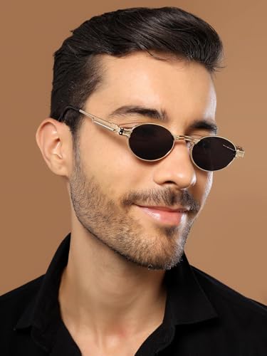 Image of Oval Sunglasses, Gold Metal Frame with Dark Grey Lenses, Steampunk Style