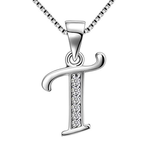 Image of Aurora Tears 925 Sterling Silver Letter T Initial Alphabet White Gold Plated Pendant Necklace 18" DP0045T