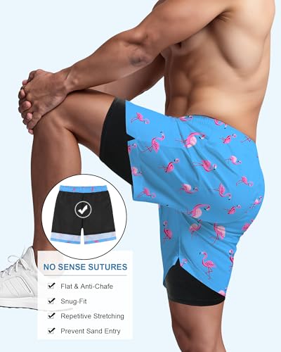 American Trends Men's Swimsuits Mens Swim Trunks with Compression Liner Summer Beachwear Bathing Suit for Men XX-Large A Sky Blue Flamingo