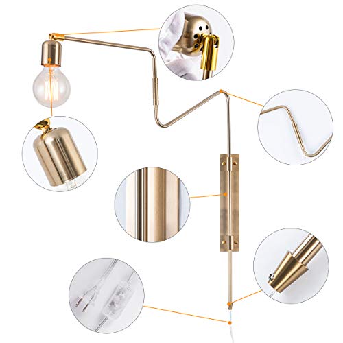 Image of Brass Plug in Wall Sconce Set of 2, Modern Swing Arms Plug-in Bedroom Living Room Wall Lamp Industrial Adjustable Wall Sconces Lighting