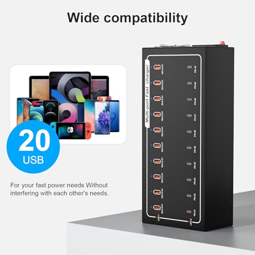 Image of 20-Port Fast Charging Station 400W, USB C and USB A Charger Dock with Smart Power Distribution Technology，for Multiple Devices, PD /QC Fast Charging Support