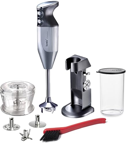 bamix Zestaw blendera ręcznego M200 Chef's Favorite ze stojakiem, 1 kubkiem, 3 końcówkami, hakerem, szczotką do czyszczenia, 200 W, wyprodukowano w Szwajcarii, srebrna powłoka/chrom