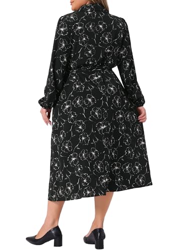Agnes Orinda Plus Size Womens Polo Long Sleeve Belted Midi Dress Flowy Floral Pattern Dress with Pockets Casual Fall4
