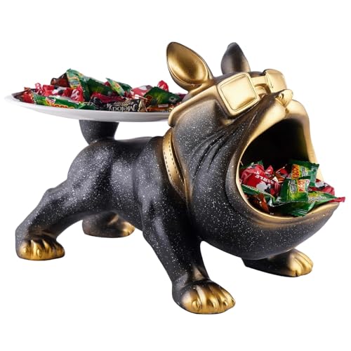Image of Cool Bulldog Key Bowl & Accessory Tray - Matte Black & Gold Resin Dog Sculpture Multifunctional Organizer Showpiece for Keys Watches & Candy (Black with Sprinkles, Dog with Tail Plate)