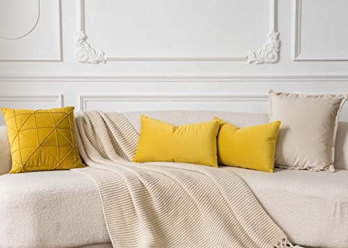 Image of Yellow 12x20 Throw Lumbar Pillow Covers Decorative Cushion Covers Set of 2 | Soft Velvet Pillow Cases with Invisible Zipper for Modern Couch Sofa Bed Living Room Bedroom Home Decor