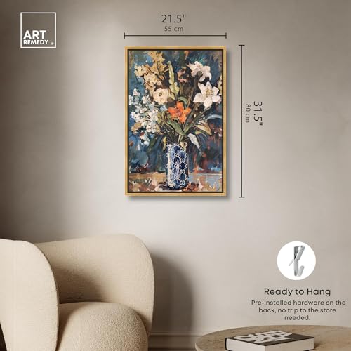 Image of Art Remedy Blue Floral Vase Canvas Floral Vase Wall Art, Gold Frame, 20 inch x 30 inch