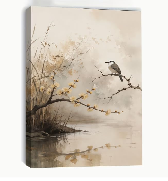 JMDMWA Lienzo decorativo vintage con estampado de pájaros y flores de ciruelo en tonos neutros, ideal para la decoración del hogar en la sala de estar (80x120cm/sin marco).