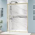 DELAVIN 56-60.in W x 72.in Semi-Frameless Pivot Shower Door, Adjustable Swing Shower Glass Door, Water Repellent Shower Door, Gold Shower Door with SGCC Clear Tempered Glass, Explosion-Proof Film