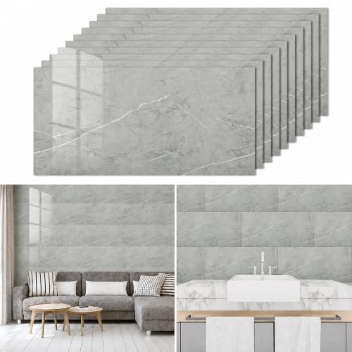 Image of Tarwanear Marble Tile Stickers 60 x 30cm 10PCS Self Adhesive Wall Tiles Bathroom Waterproof Peel and Stick Wall Moulding Panels PVC Stick on Tiles for Home Decor Kitchen Backsplash,Marble Grey