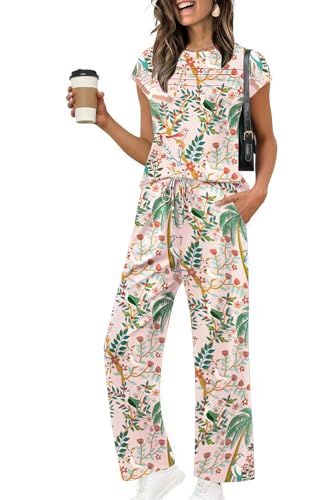 Ekouaer Two Piece Sets for Women Summer Soft Casual Cap Sleeve Lounge Sets Travel Vacation Airport Outfits Tropical Print M