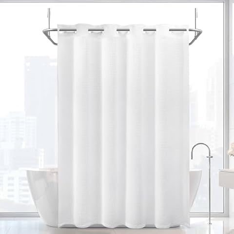 YellyHommy No Hook Shower Curtain, White Cotton Waffle Shower Curtain, 72" W x 75" L Cover