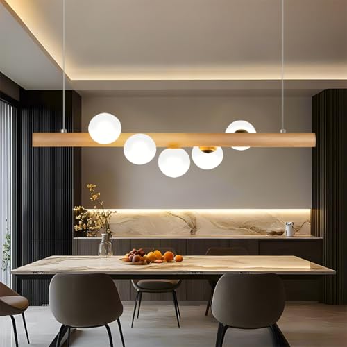 Azanaz Lampada a sospensione Legno Lampada da tavolo da pranzo Vintage,La trave di legno è lunga 80 cm, con 5 sfere di vetro - regolabile in altezza,Lampadario per Della Bar Sala da Pranzo