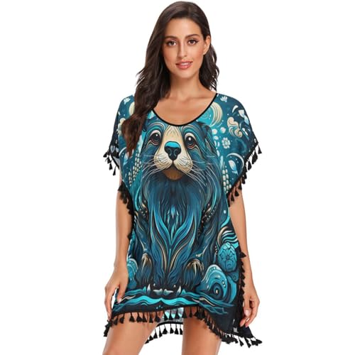 KAAVIYO Blue Abstract Sea Lion Women's Beach Cover Up Chiffon Tassel Swimwear Swimsuit Coverups for Girl