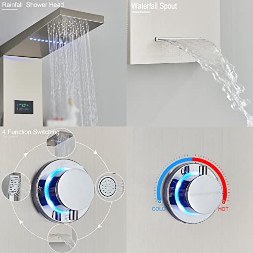 Columna de Ducha LED con Panel de Chorro de Cascada, Sistema de Masaje Corporal y Estantería Integrada, Montaje en Pared, Acero Inoxidable con Acabado Mate miniatura 6