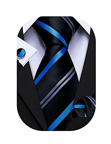 Barry.Wang Business Silk Ties for Men Set Formal Hanky Cufflink Stripe Royal Blue