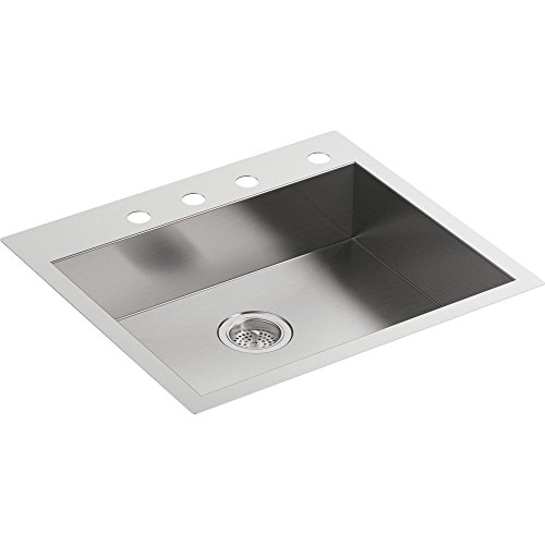 KOHLER Vault 25" Single Bowl 18-Gauge Stainless Steel Entertainment Bar Secondary Kitchen Sink with Four Faucet Holes K-3894-4-NA Drop in or Undermount Installation