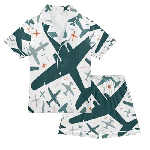 Satin Pajama Sets Short Sleeve Airplane Pattern with Stars Background Button Down Silky Nightwear 2 Piece PJS 5-14Y