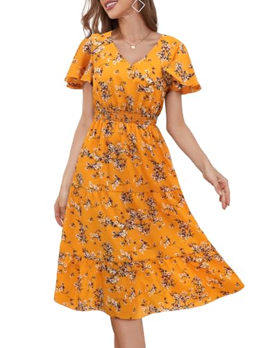 Image of Bridesmay Women's Summer Floral Midi Dress V Neck Short Sleeve A-Line Casual Beach Vacation Dresses Flowy