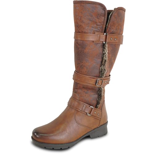 kozi Canada Women Waterproof Knee High Wide Calf Winter Casual Slip Resistant Riding Boot IVY-2 Fur Boot Side Zipper Removable Insole Brown Size 8 - Order Half Size Up