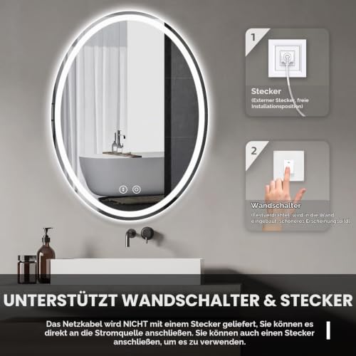 Dripex Badezimmerspiegel mit Beleuchtung Led Badspiegel mit Touch-Schalter, Dimmbar, 3 Lichtfarbe Einstellbare, Beschlagfrei Oval 50 x 70 cm – Ansicht 6