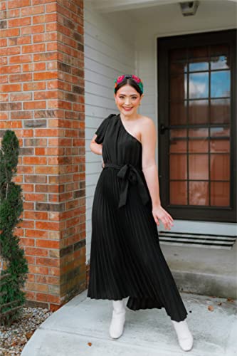 Mascomoda Women Elegant One Shoulder Maxi Pleated Dress Summer Boho Short Sleeve Tie Waist A-Line Solid Cocktail Long Dresses (Solid Black, Medium) #TOP3