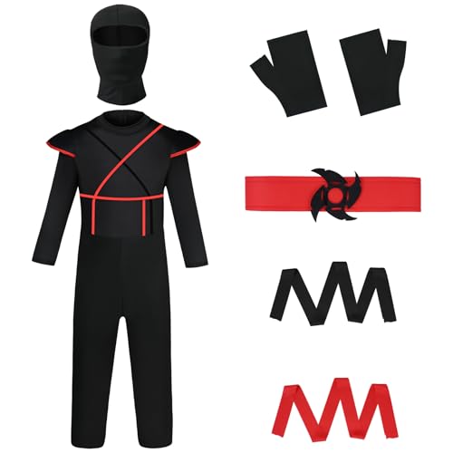 AOOWU Red Ninja Fighter Costume, Kids Unisex Ninja Cosplay Costume with Accessories, Halloween & Christmas Costume
