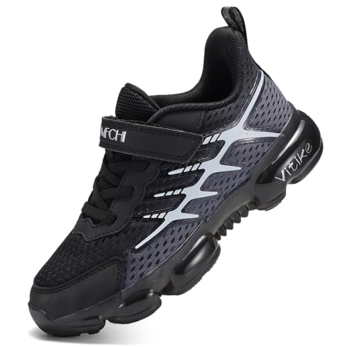 JMFCHI Kinder Sneakers Jungen Turnschuhe Sportschuhe Mädchen Laufschuhe Mesh Atmungsaktiv Freizeit Hallenschuhe Schwarz Grau gr 37