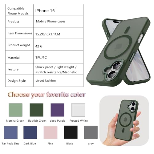 Image of Magnetic iPhone 16 case,Compatible with Magsafe, Military-Grade Protection,Slim Translucent Matte Shockproof with Anti-Scratch Anti-Fingerprint Phone Cover (Blackish Green, iPhone 16)