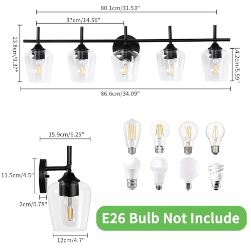 Image of foucasal Bathroom Light Fixtures, 5-Light Matte Black Vanity Light with Clear Glass Shade, Modern Wall Lights for Bedroom Hallway Living Room (Black, 5-Light)
