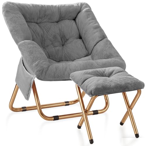 Kasunpul Comfy Saucer Chair, Foldable Living Room Chairs, Soft Faux Fur Lounge Chair for Bedroom, Reading Chairs for Adults, Teens, X-Large (Grey)