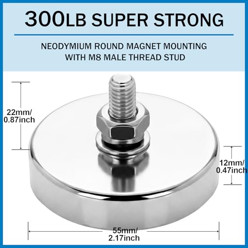 Image of Flutesan 4 Pieces Heavy Duty Round Mounting Magnet with Bolt 2.17in-300lb-M8 Silver with Male Thread Stud Strong Magnet Super Powerful for Lighting Camera Brackets License Plate