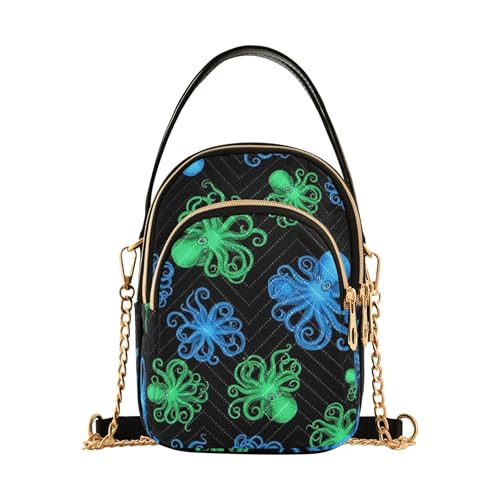 Vibrant Blue Green Octopuses Shoulder Handbags for Women Chain Wallet Cell Phone Purse Floral Print Ladies Tote Crossbody Satchel, 5.9