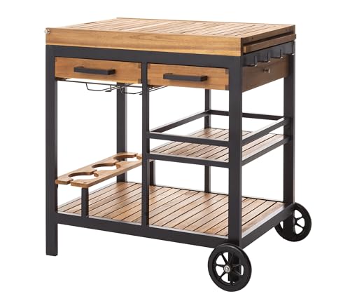 Dehner Servierwagen Liverpool, rollbar, mit Gläserhalterung, 150 x 82 x 52 cm, Aluminium/FSC®-zertifiziertes Akazienholz, schwarz/Natur