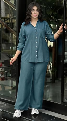 Image of Women's Solid Color Two-Piece Set | Long Sleeve Top & Wide Leg Pants Co-ord Set | Casual Wear Co ord Set