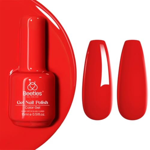 Beetles Red Gel Polish - 15ml/0.51 FL.OZ, Scarlet Red Gel Nail Polish, Soak Off UV LED Nails Art, Long-Lasting Manicure Salon DIY Home