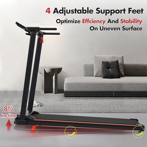 Image of Treadmill with 8% Incline, Portable Treadmills for Home with Handle, Foldable Treadmills with 265 Lbs Capacity, 3.0HP Treadmill with 4 Adjustable Support Feet
