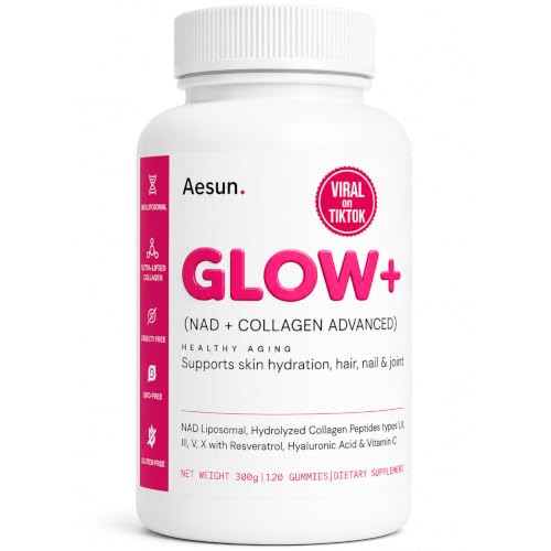 AESUN Collagen Gummies with NAD+ (2 in 1) 120 Peach Gummies - Resveratrol & Hyaluronic Acid for Youthful Glows - Glow Supplement Gummies for Skin Hair & Nails - Peach Flavor