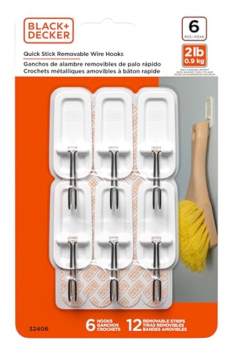 Image of Black+Decker Wire Toggle Hooks, Quick Stick Adhesive, Removeable, 6 Wall Hooks, 12 Adhesive Strips, Hang Decorations Without Damaging Walls, up to 2 lbs., White