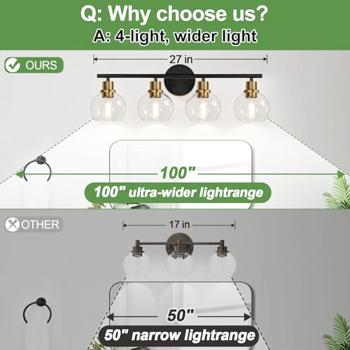 Image of Indoi 4-Light Bathroom Light Fixtures, Black and Gold Bathroom Lights Over Mirror with Clear Glass Globe Shade, Vanity Lights for Bathroom Kitchen Living Room Hallway Cabinet Bedroom Porch