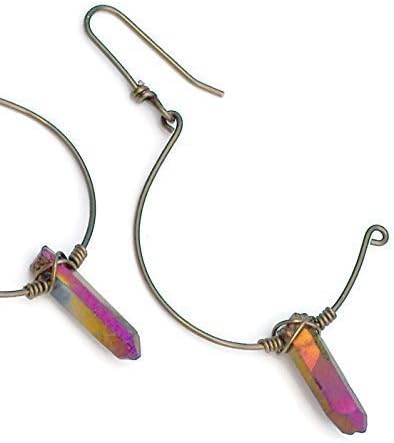 Wire Wrapped Peacock Purple Titanium Quartz Crystal Earrings