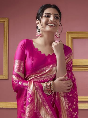 Image of Women's Banarasi Saree Pure Kanjivaram Silk Saree Soft New Ladies Design Wear Pattu Sarees Cotton Party Sari Collections With Blouse Piece For Wedding Sadi, Pink