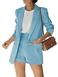 Women's 2 Piece Open Front Long Sleeve Blazer and Solid Short Pants Suit Sets Light Blue