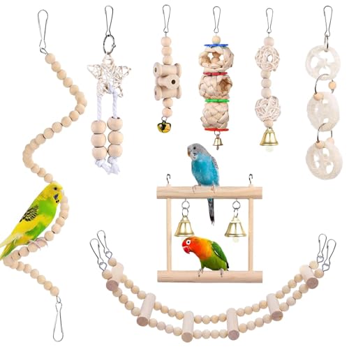 Zyiphor Lot 8 Jouets pour Oiseaux Accessoires pour Cage Balançoire, Échelle en Bois, Cloches, Jouets à Mâcher et Jeux pour Perruches, Perroquets, Calopsittes